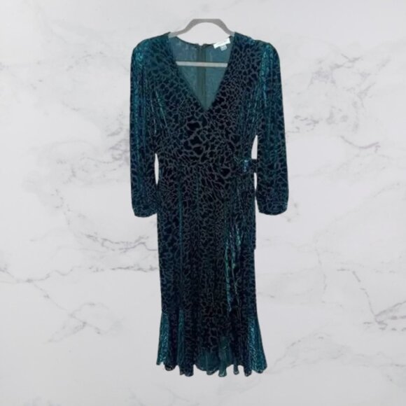 Calvin Klein Green Burnout Velvet Animal-Print Stretch Wrap Midi Dress Size 16 - Picture 5 of 12